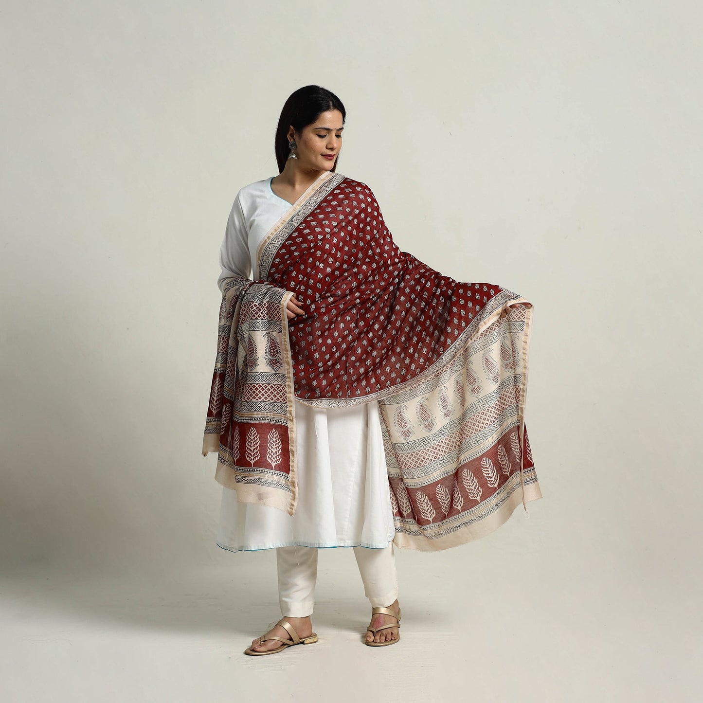 Buy Red Natural Dyed Hand Block Print Chanderi Silk Bagh Dupatta