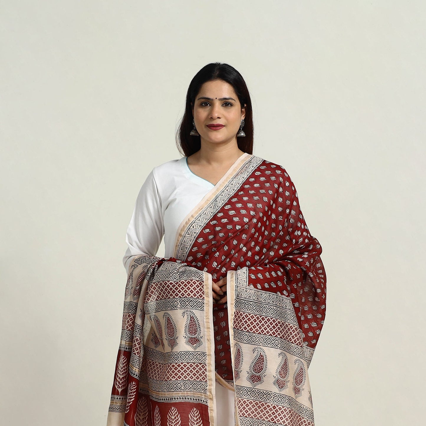 Buy Red Natural Dyed Hand Block Print Chanderi Silk Bagh Dupatta