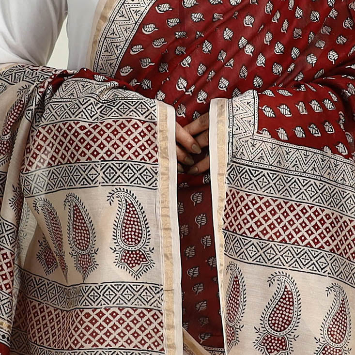 Buy Red Natural Dyed Hand Block Print Chanderi Silk Bagh Dupatta