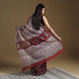 Red Block Print Natural Dyed Kota Doria Cotton Bagh Saree