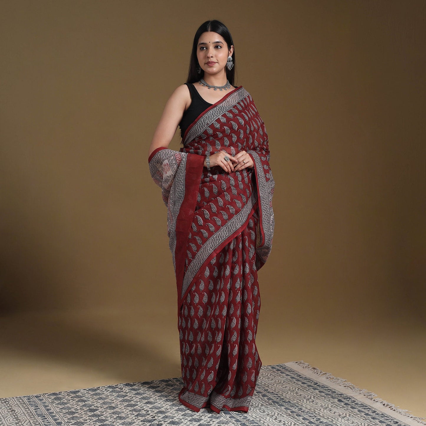 Red Block Print Natural Dyed Kota Doria Cotton Bagh Saree