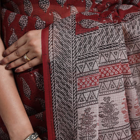 Red Block Print Natural Dyed Kota Doria Cotton Bagh Saree