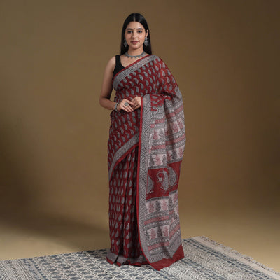 Red Block Print Natural Dyed Kota Doria Cotton Bagh Saree