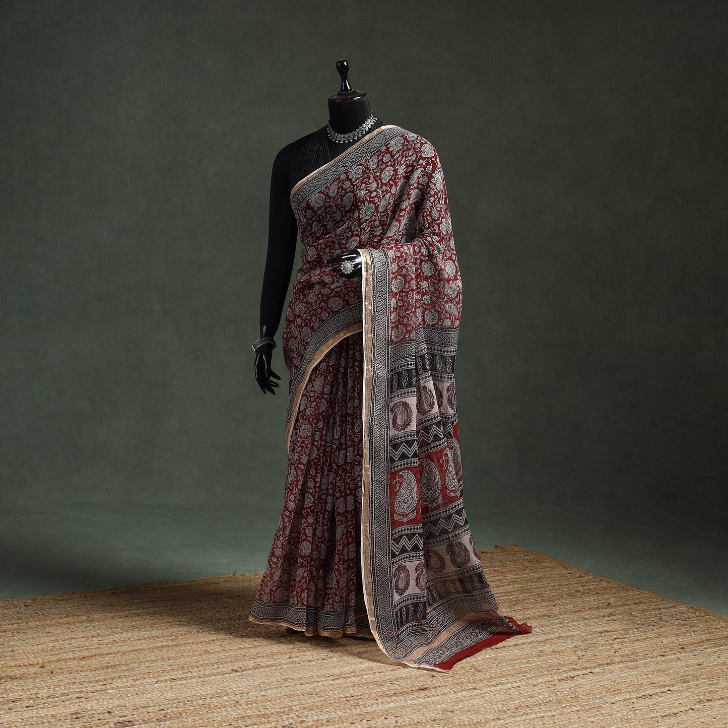 Natural dyed kota doria cotton hand block bagh print saree