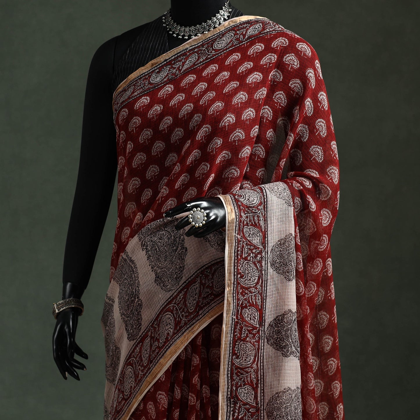 Natural dyed kota doria cotton hand block bagh print saree