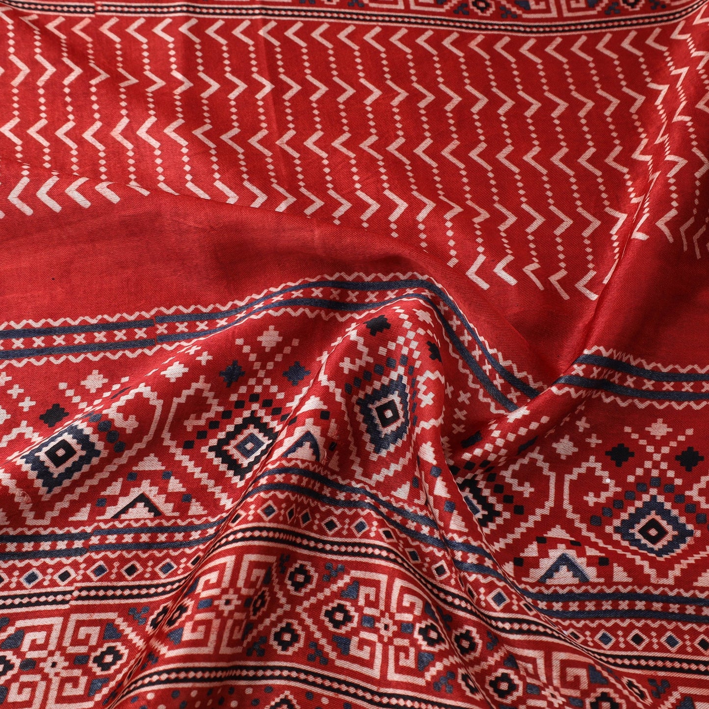 Red Natural Dyed Mashru Silk Ajrakh Print Fabric