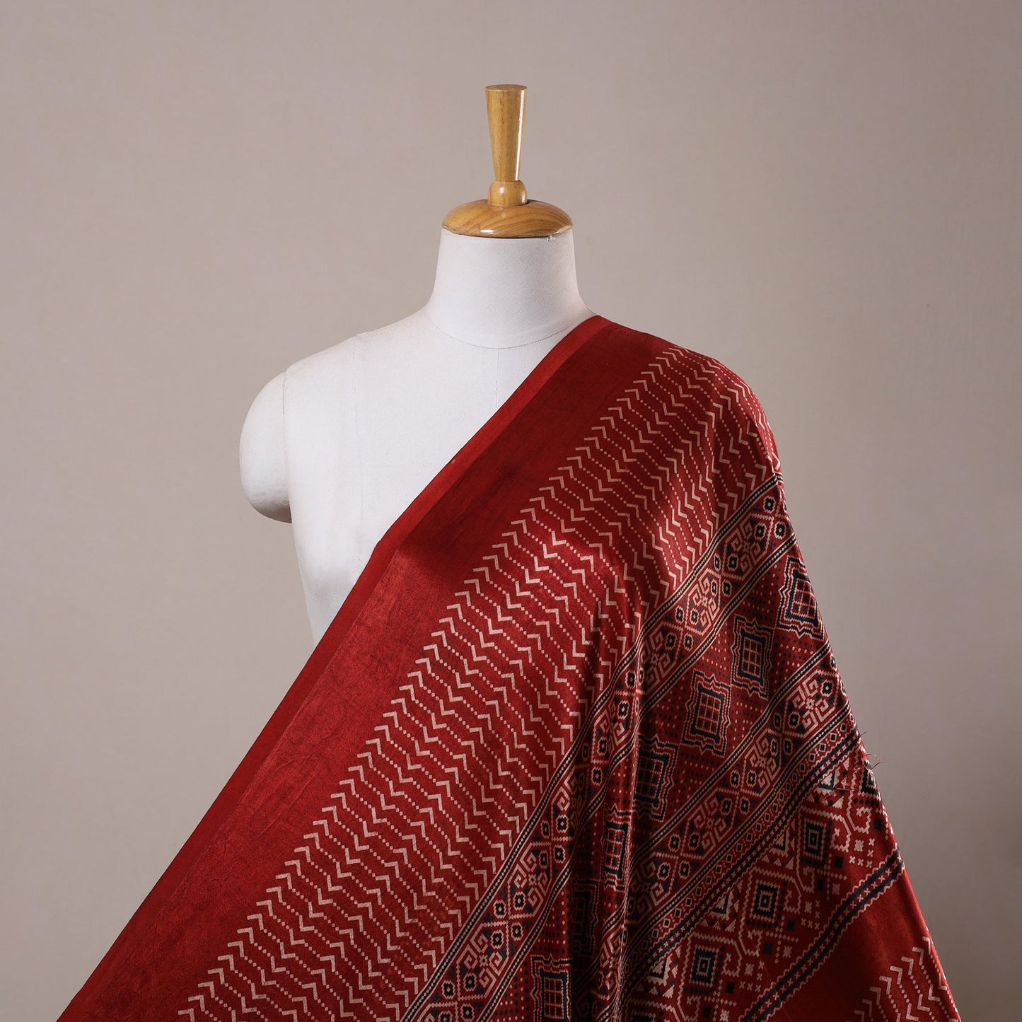 Red Natural Dyed Mashru Silk Ajrakh Print Fabric