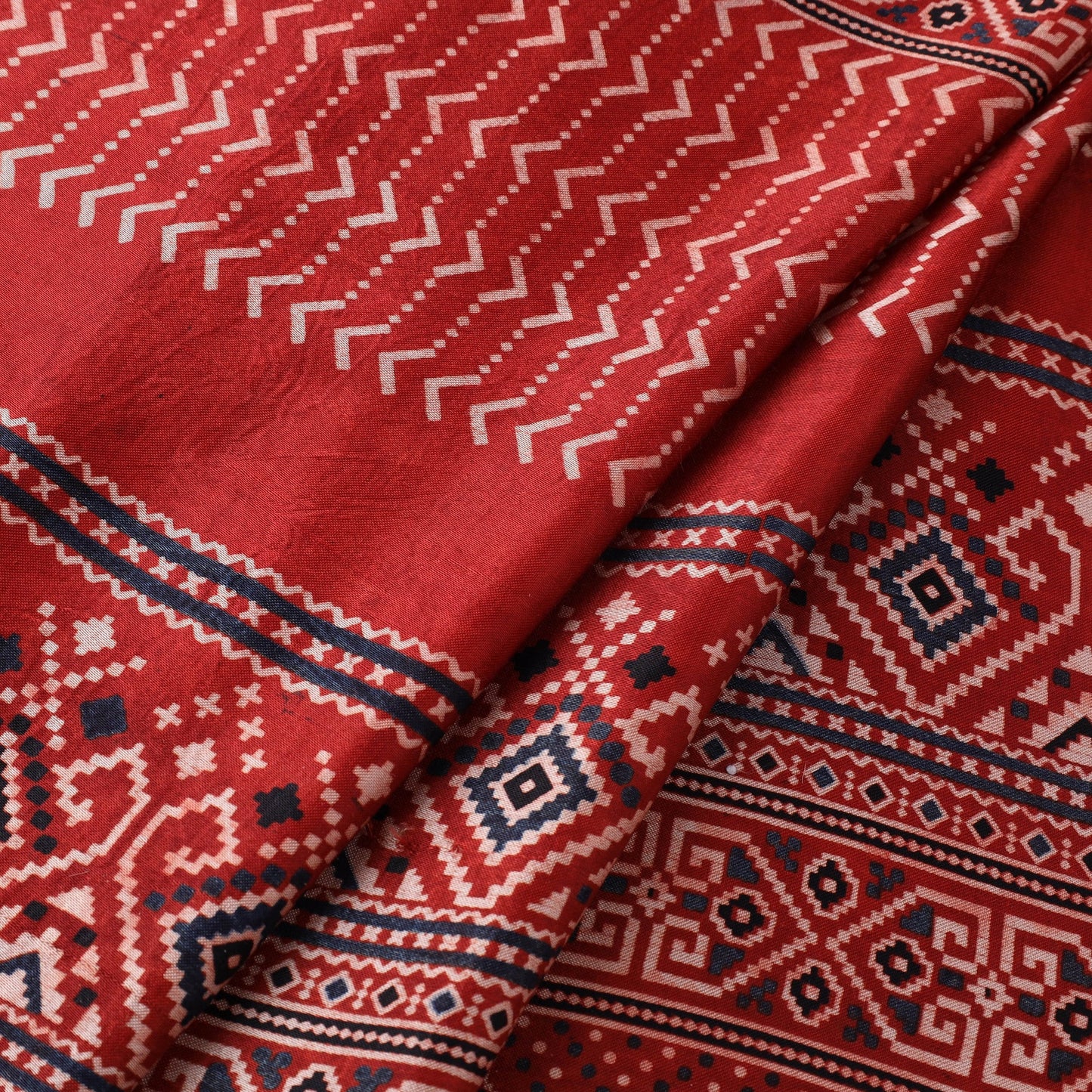 Red Natural Dyed Mashru Silk Ajrakh Print Fabric