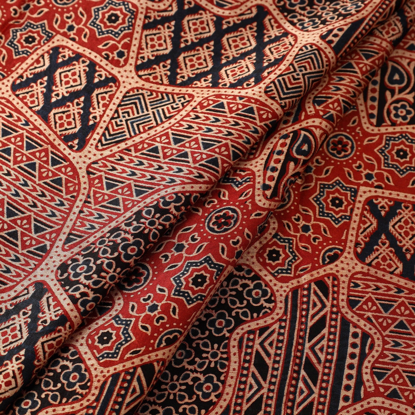 Red Natural Dyed Mashru Silk Ajrakh Print Fabric