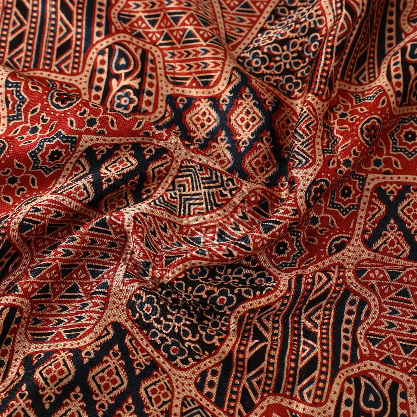 Red Natural Dyed Mashru Silk Ajrakh Print Fabric