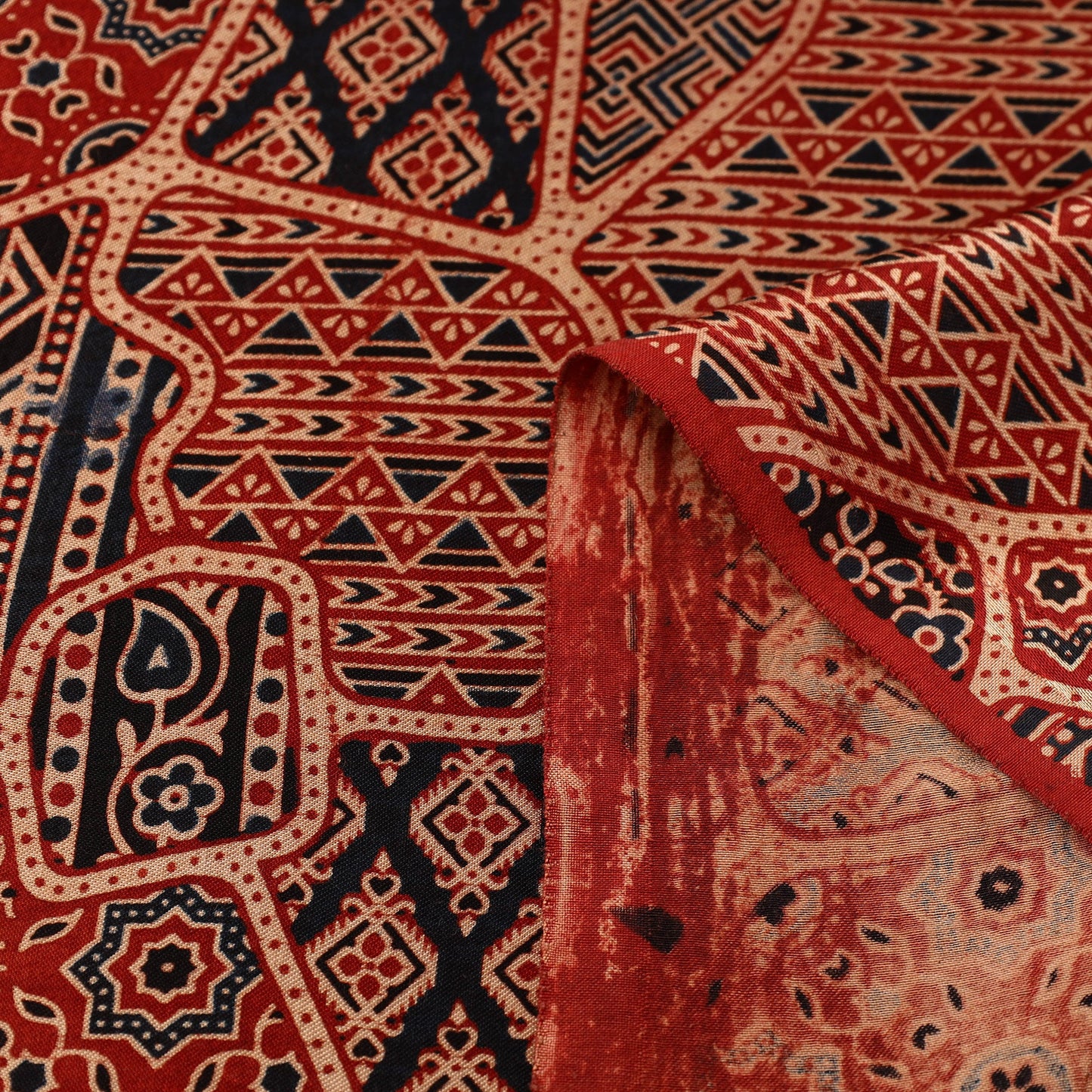 Red Natural Dyed Mashru Silk Ajrakh Print Fabric