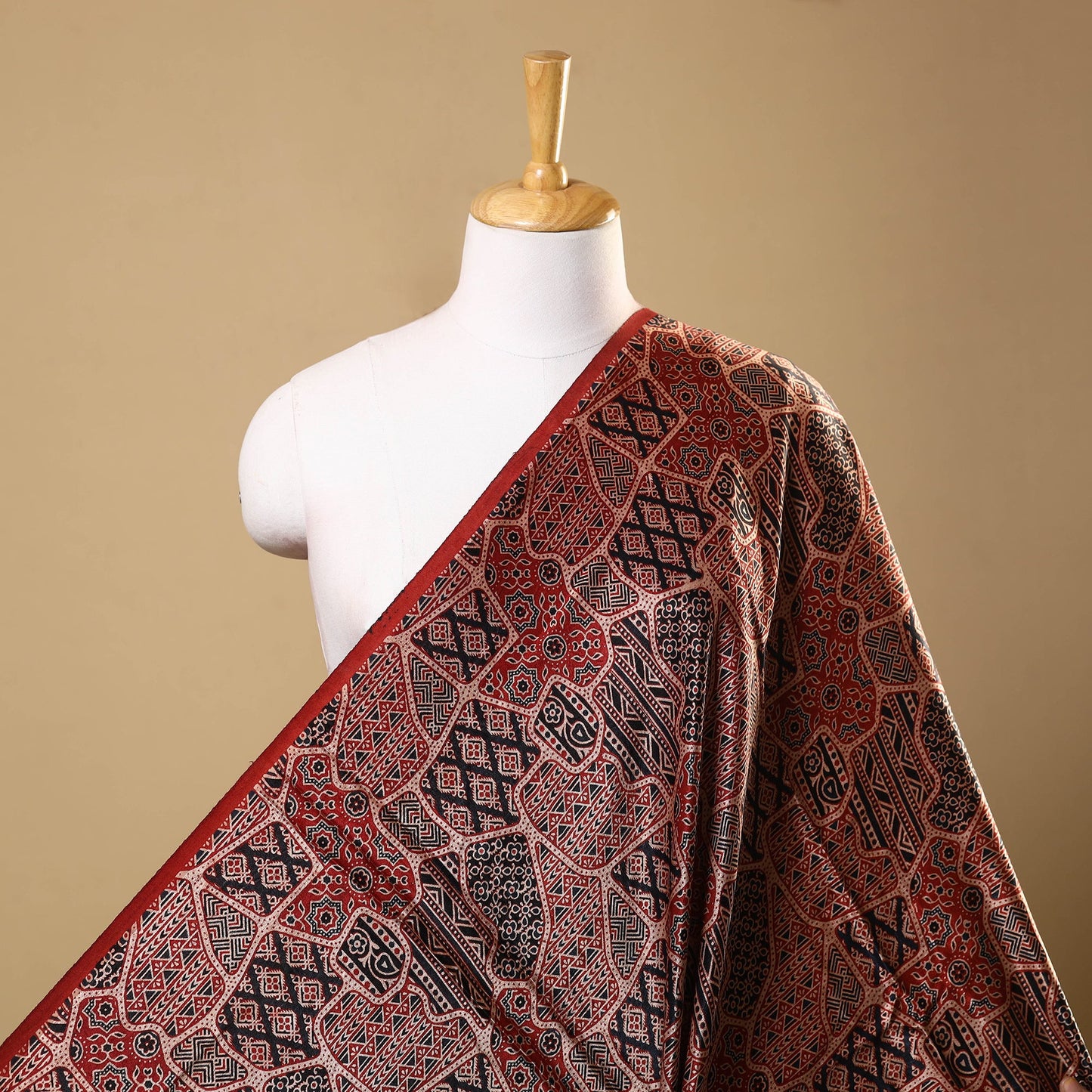 Red Natural Dyed Mashru Silk Ajrakh Print Fabric