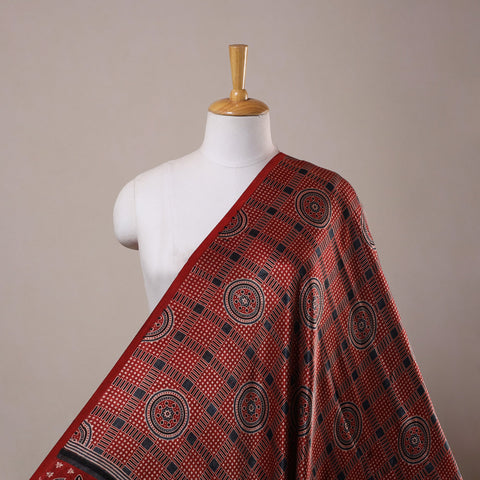 Red Natural Dyed Mashru Silk Ajrakh Print Fabric