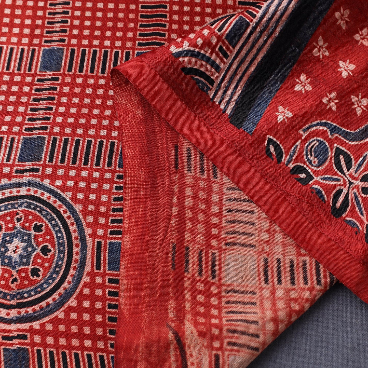 Red Natural Dyed Mashru Silk Ajrakh Print Fabric