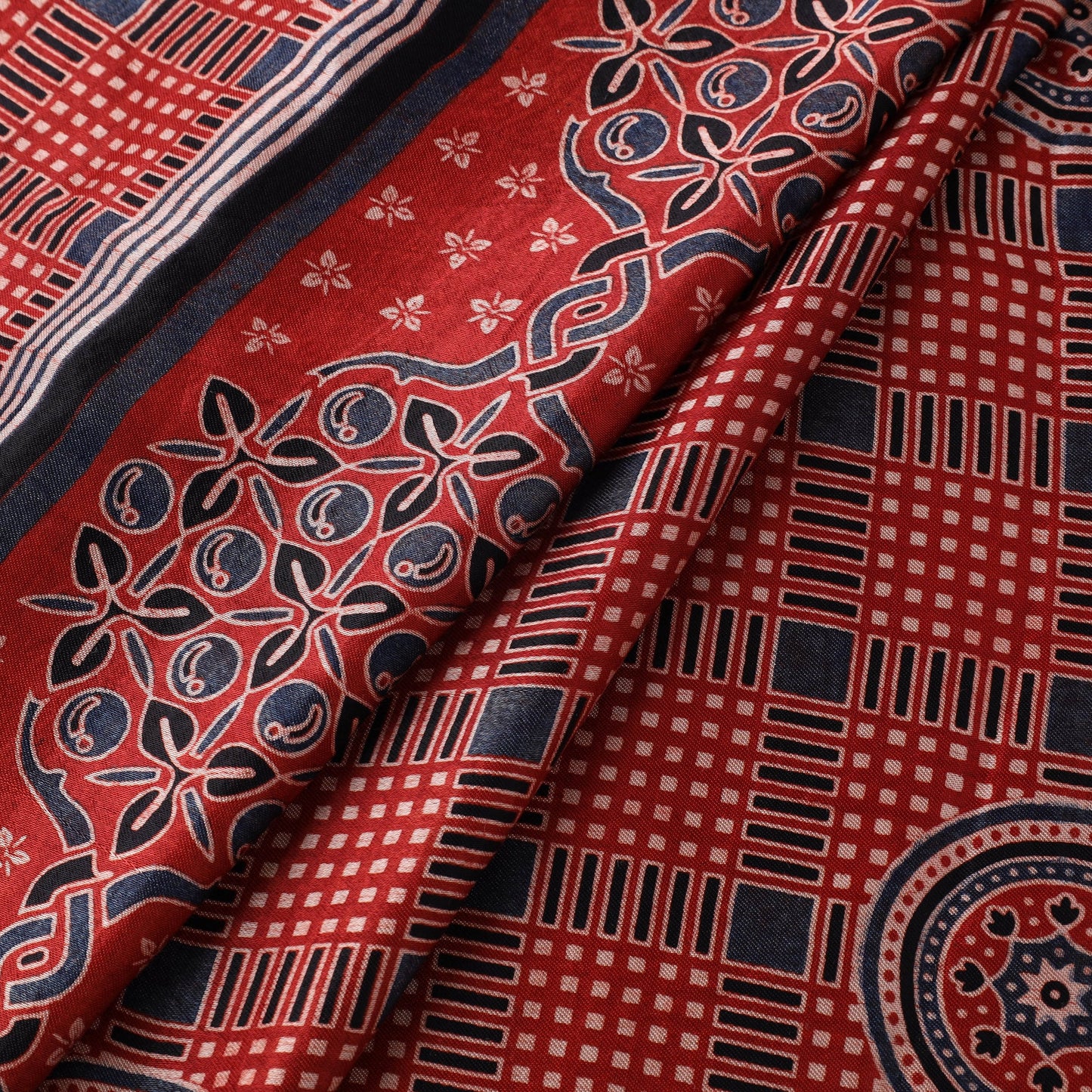 Red Natural Dyed Mashru Silk Ajrakh Print Fabric