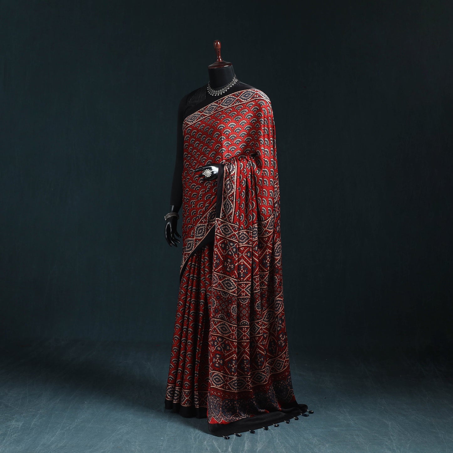 Natural dyed modal silk kutch hand block print ajrakh saree