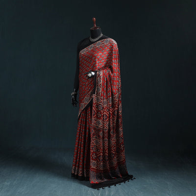 Natural dyed modal silk kutch hand block print ajrakh saree