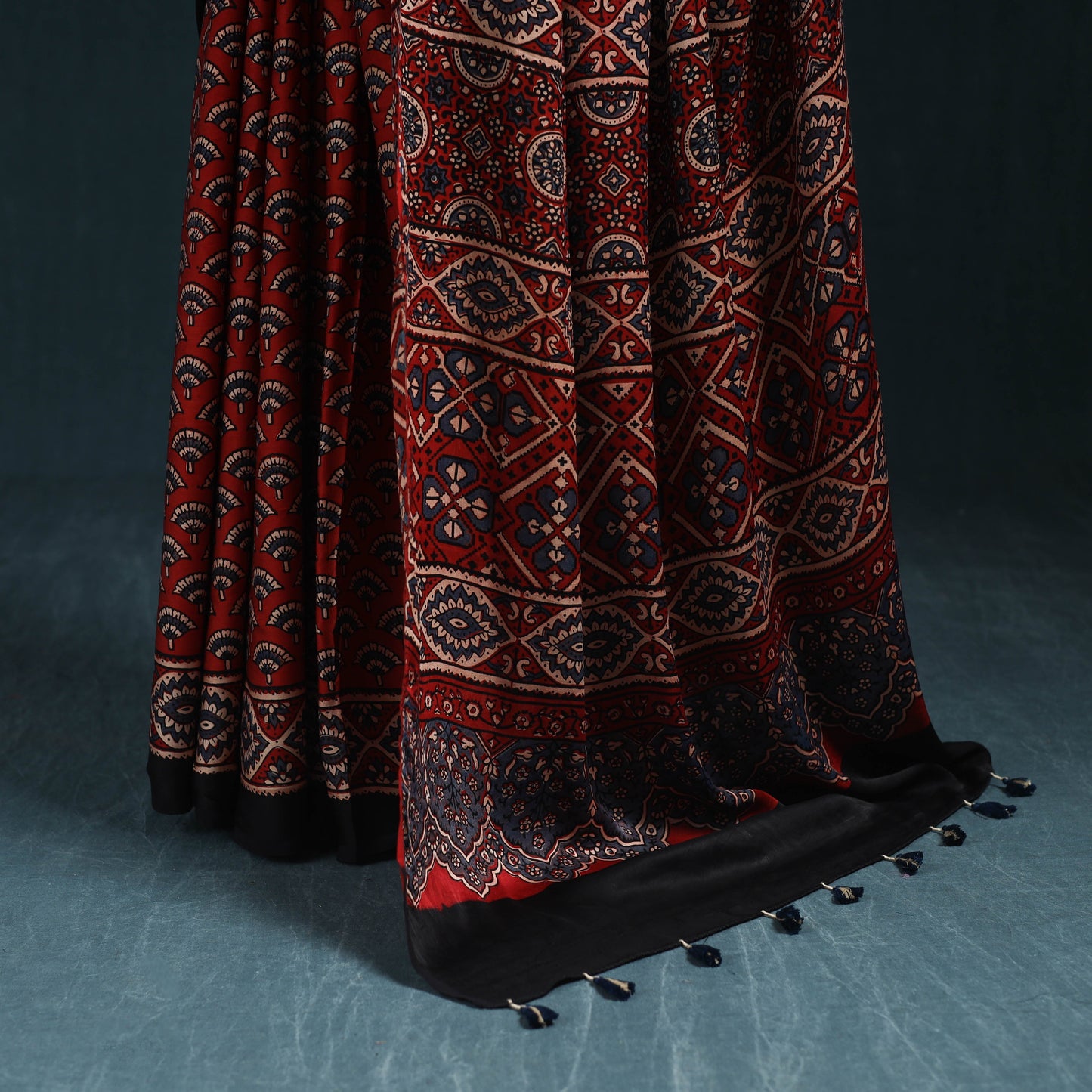 Natural dyed modal silk kutch hand block print ajrakh saree