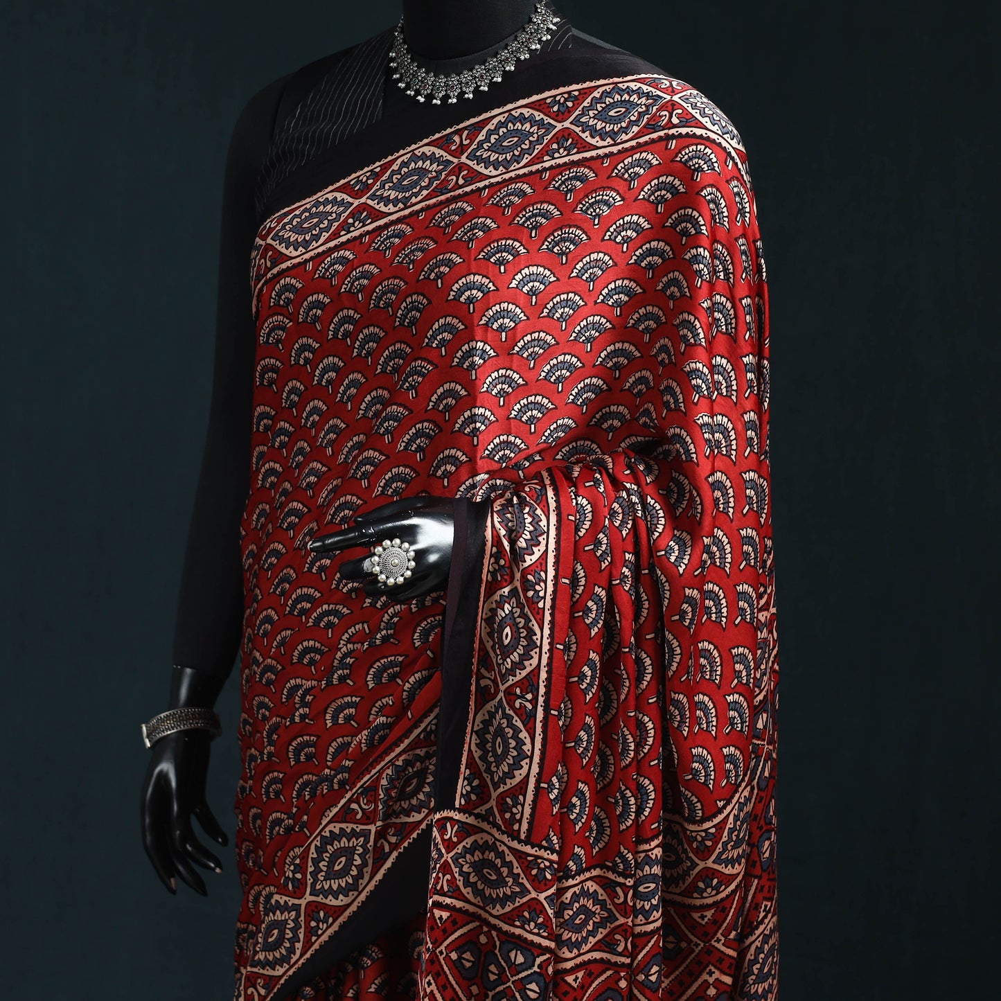 Natural dyed modal silk kutch hand block print ajrakh saree