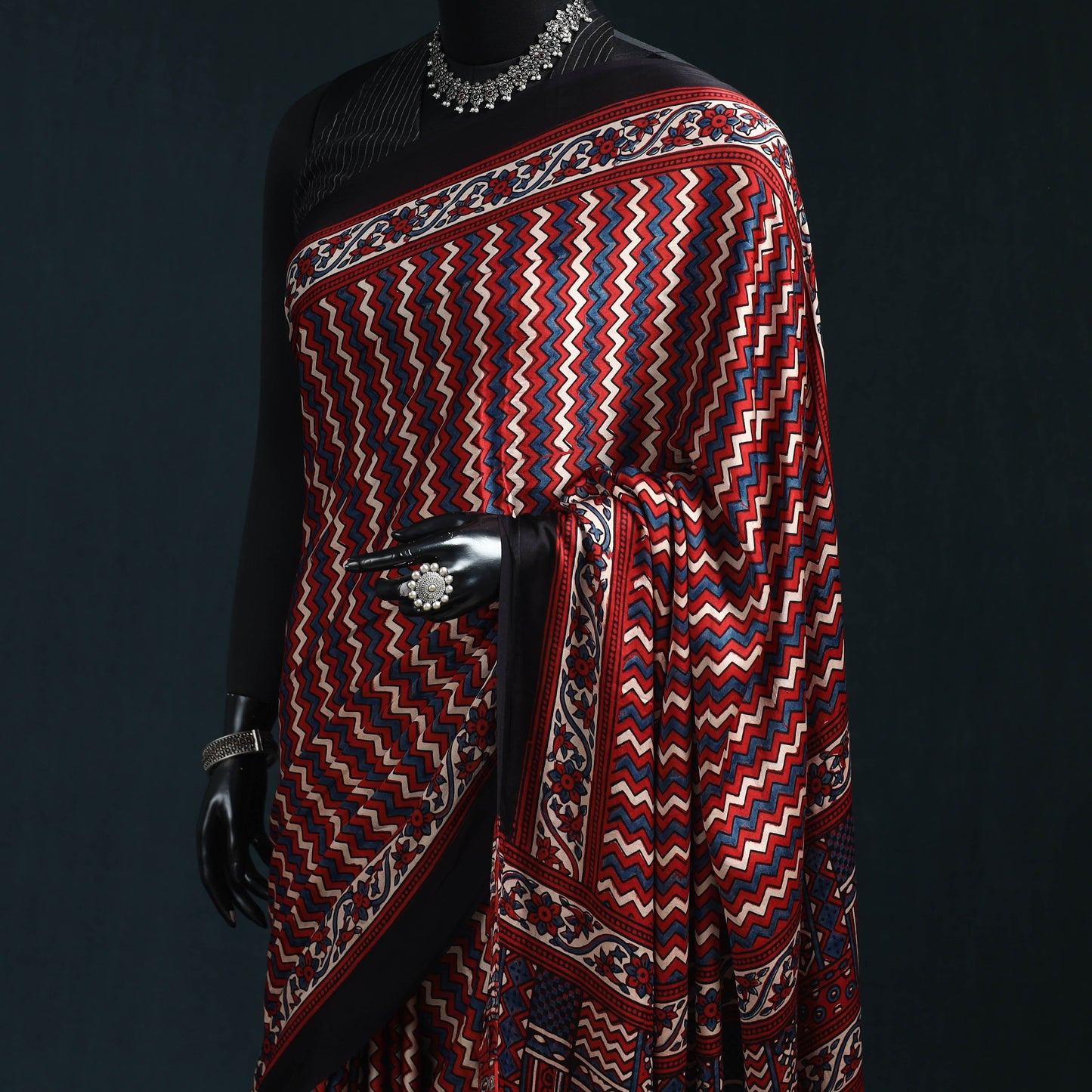 Natural dyed modal silk kutch hand block print ajrakh saree