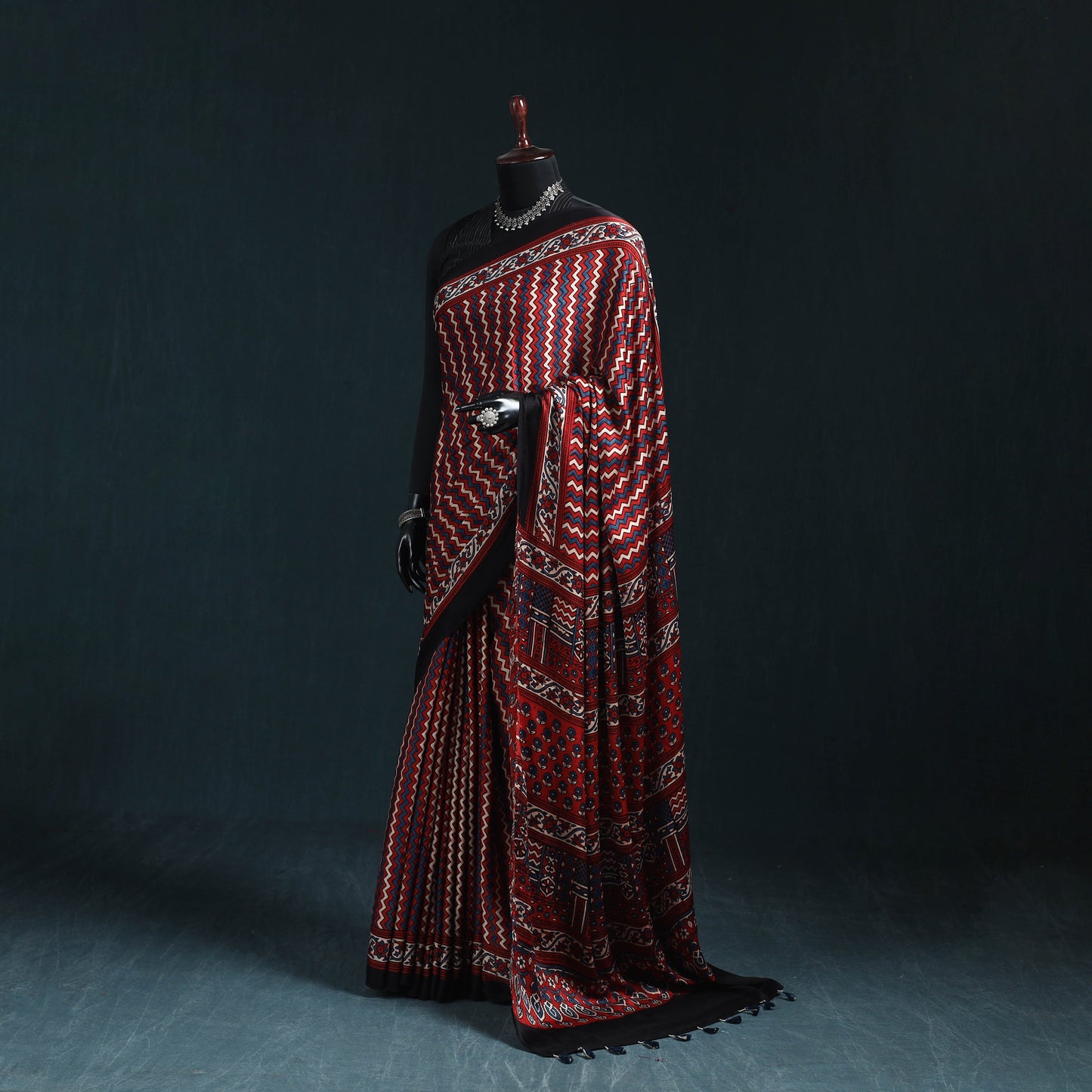 Natural dyed modal silk kutch hand block print ajrakh saree