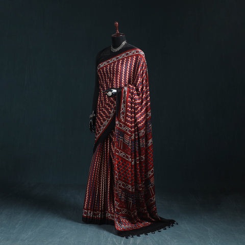 Natural dyed modal silk kutch hand block print ajrakh saree