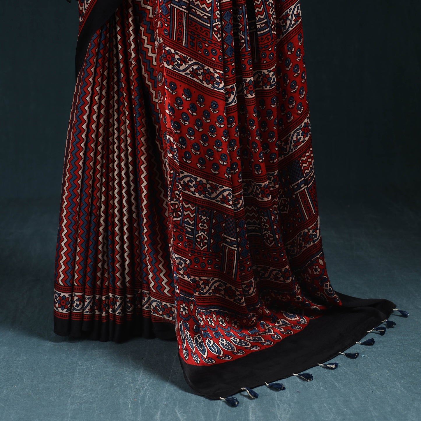 Natural dyed modal silk kutch hand block print ajrakh saree