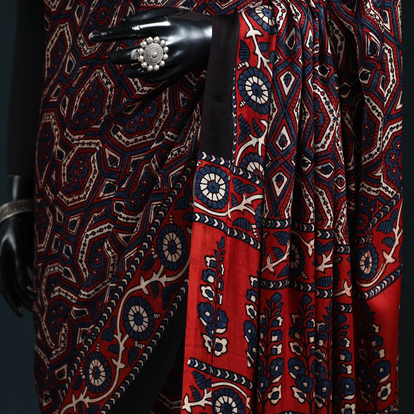 Natural dyed modal silk kutch hand block print ajrakh saree