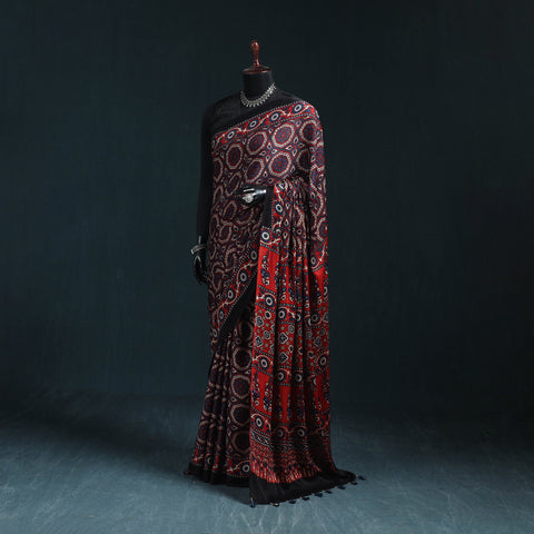 Natural dyed modal silk kutch hand block print ajrakh saree