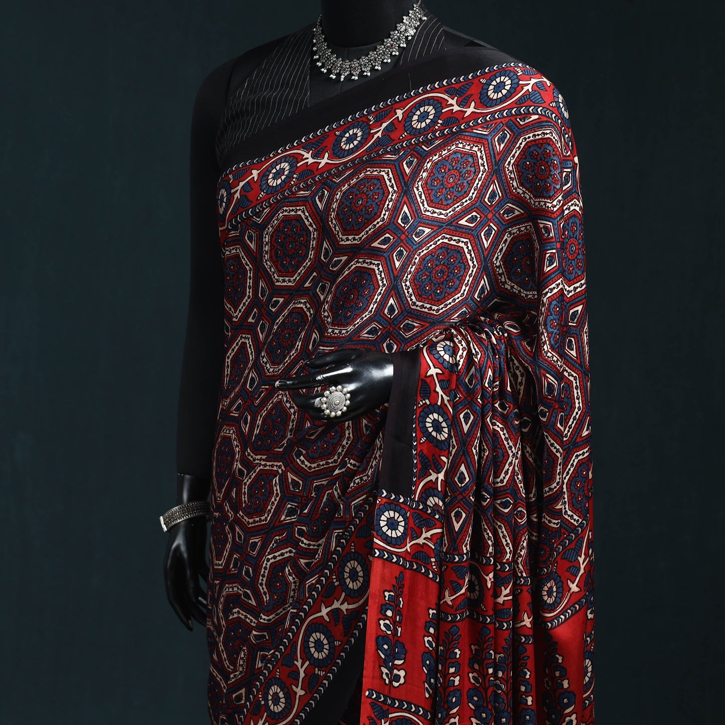 Natural dyed modal silk kutch hand block print ajrakh saree