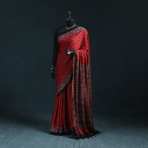 Natural dyed modal silk kutch hand block print ajrakh saree