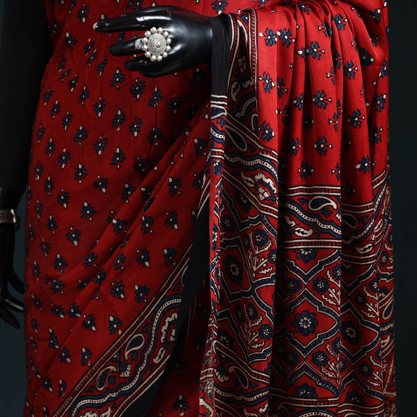 Natural dyed modal silk kutch hand block print ajrakh saree