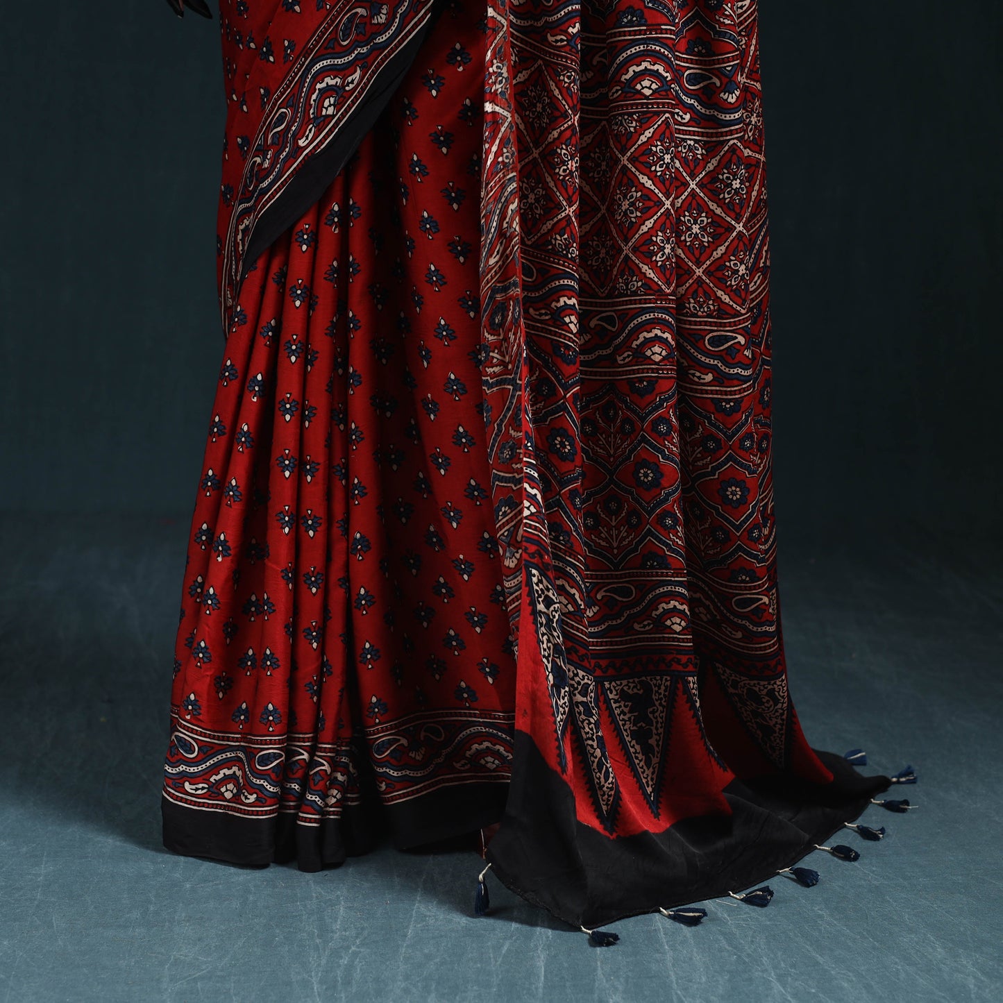Natural dyed modal silk kutch hand block print ajrakh saree