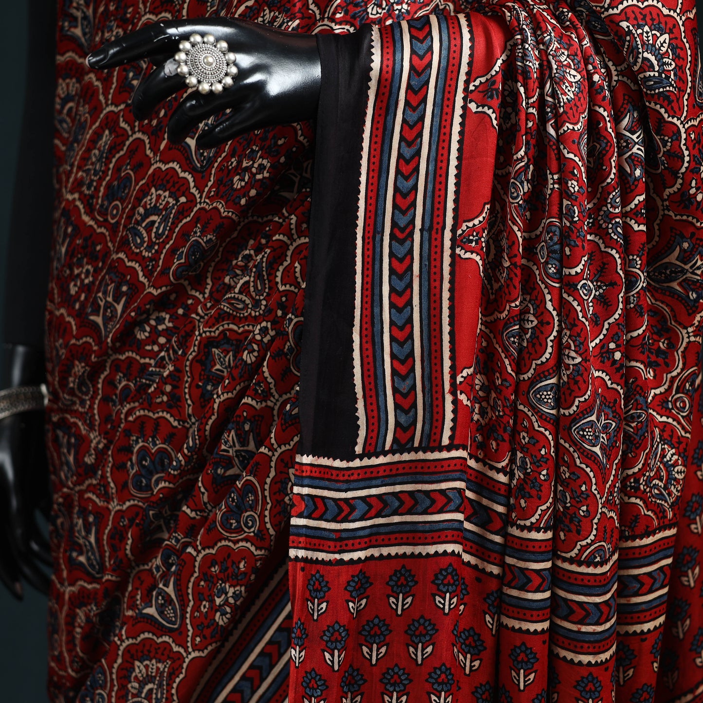 Natural dyed modal silk kutch hand block print ajrakh saree
