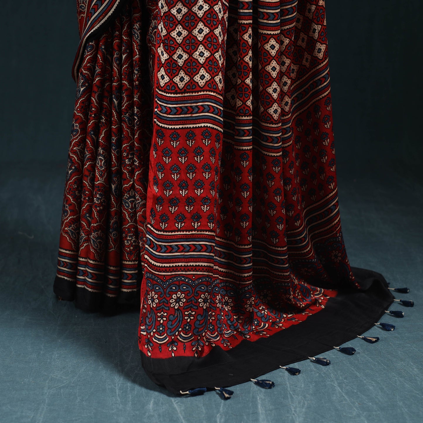 Natural dyed modal silk kutch hand block print ajrakh saree