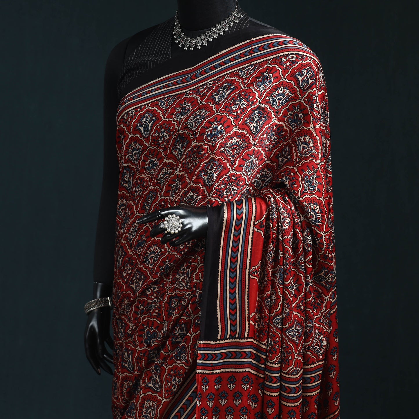 Natural dyed modal silk kutch hand block print ajrakh saree