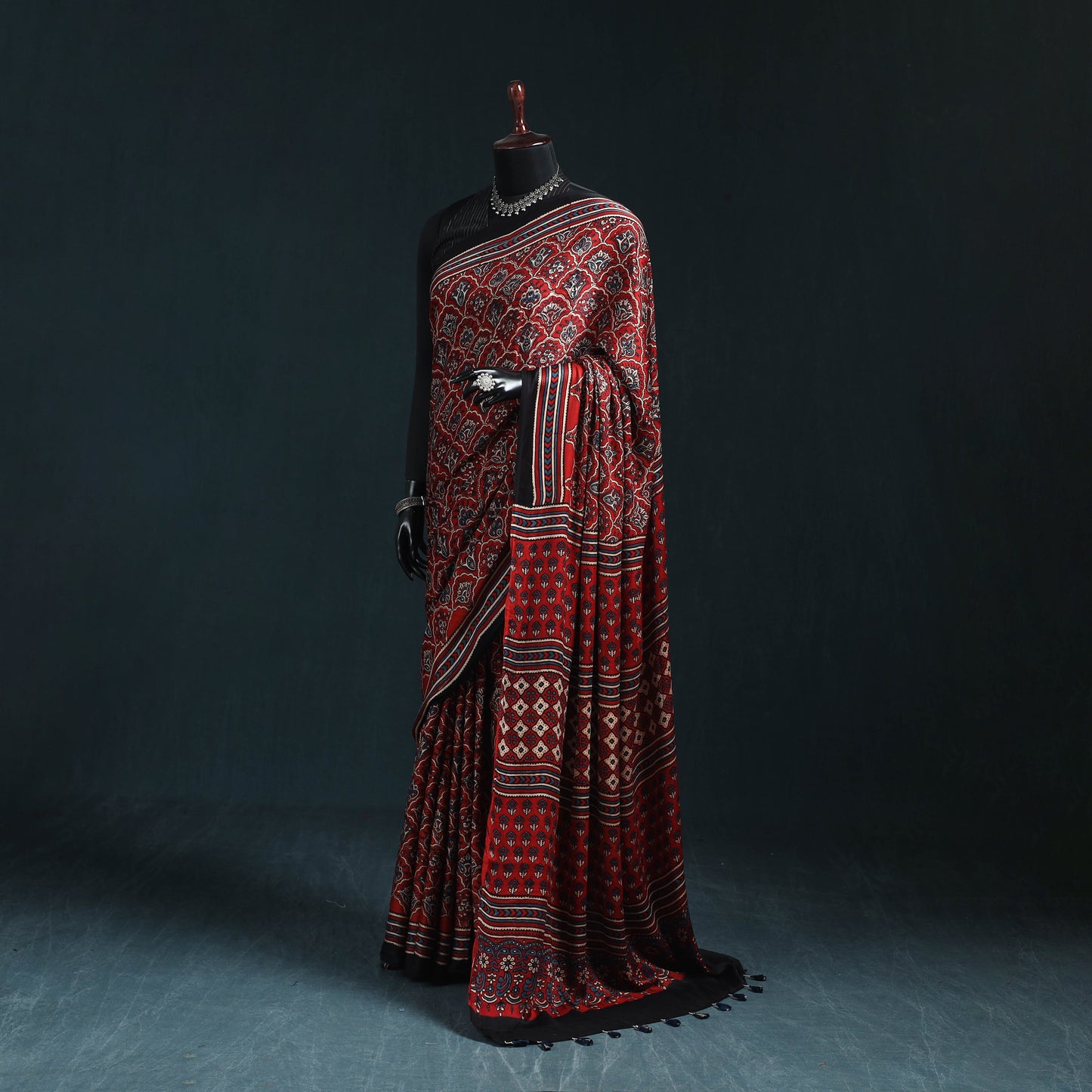 Natural dyed modal silk kutch hand block print ajrakh saree