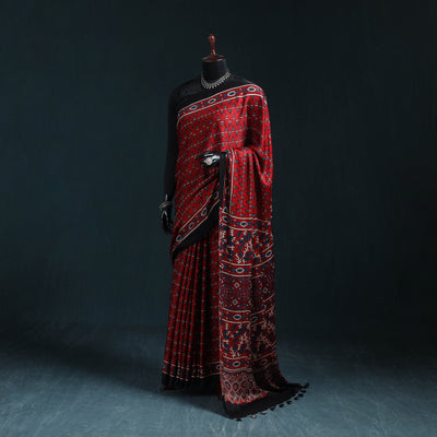Natural dyed modal silk kutch hand block print ajrakh saree