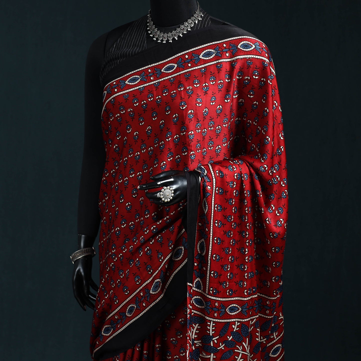 Natural dyed modal silk kutch hand block print ajrakh saree