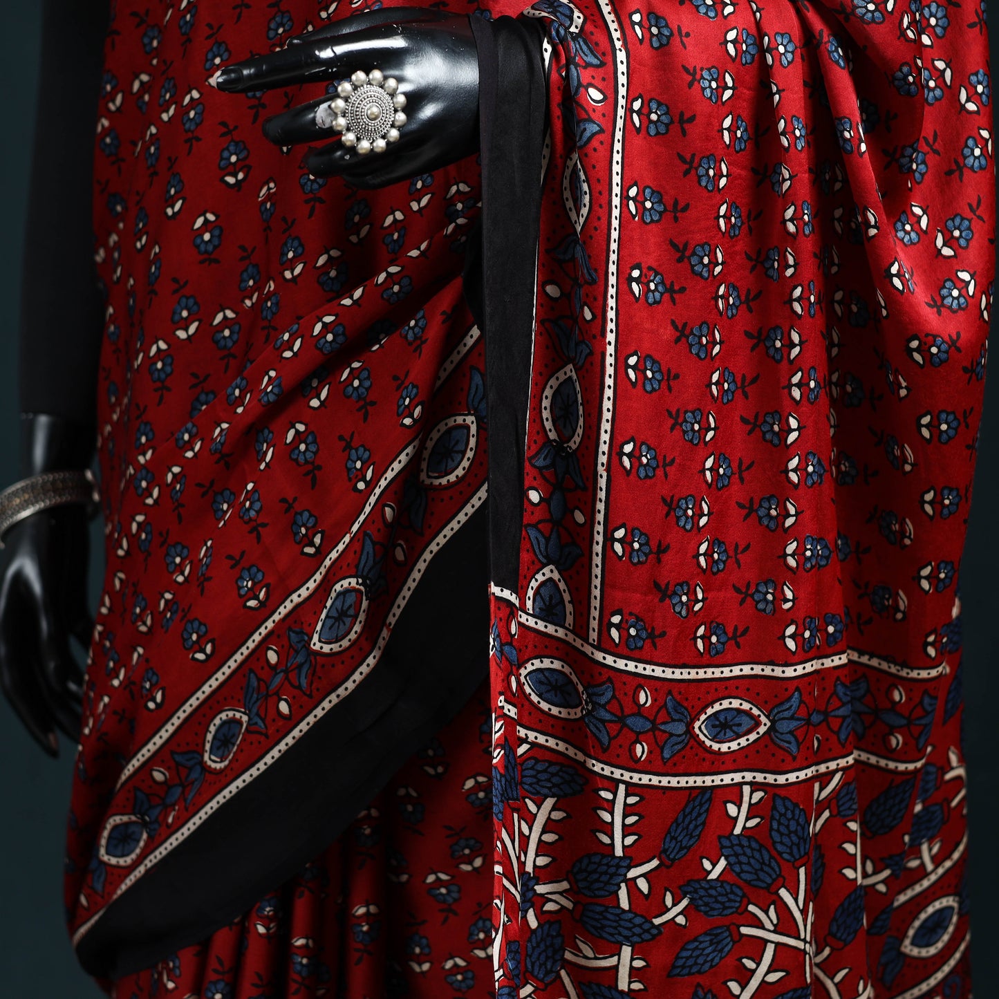 Natural dyed modal silk kutch hand block print ajrakh saree