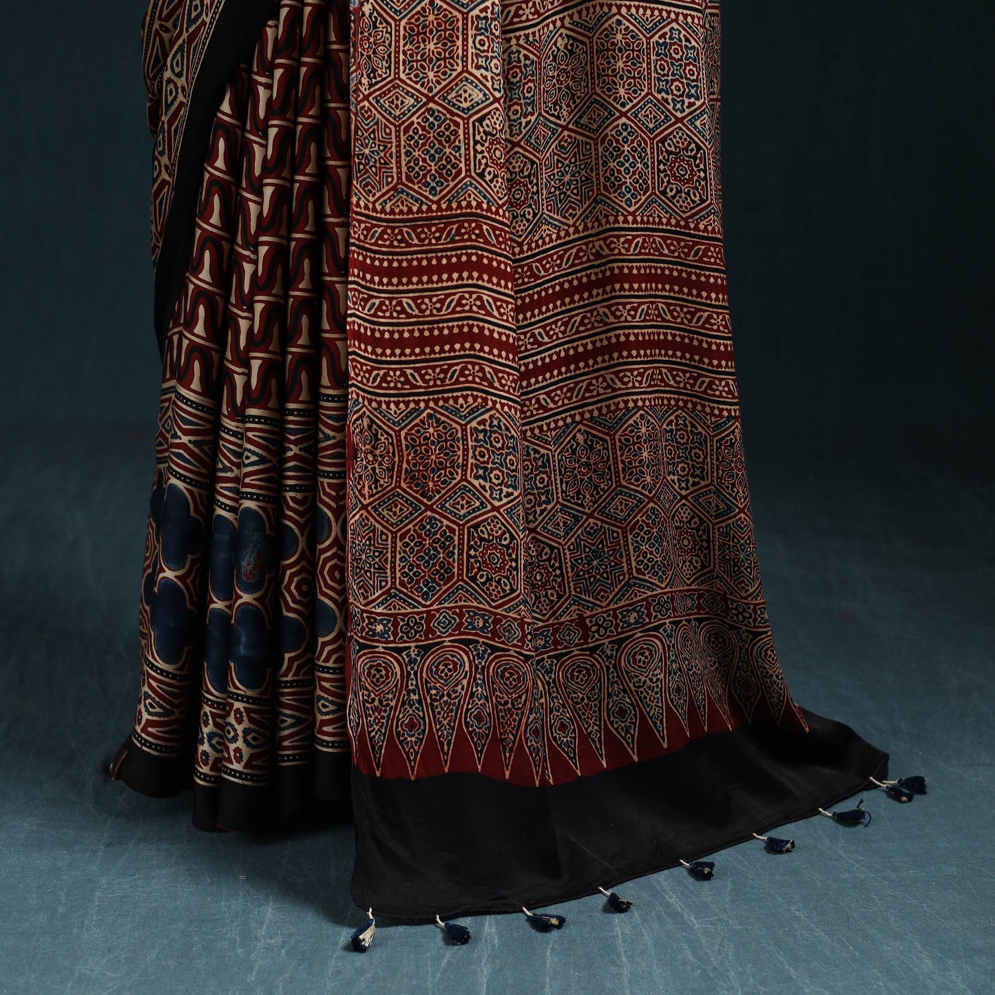 Natural dyed modal silk kutch hand block print ajrakh saree