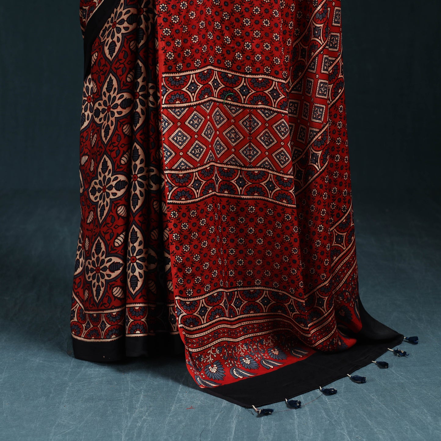 Natural dyed modal silk kutch hand block print ajrakh saree