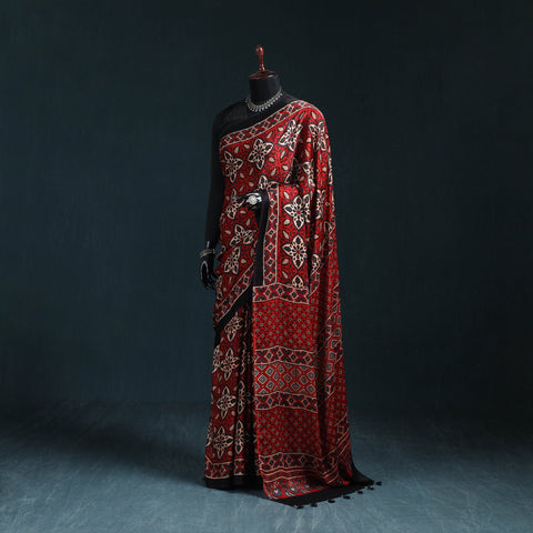 Natural dyed modal silk kutch hand block print ajrakh saree