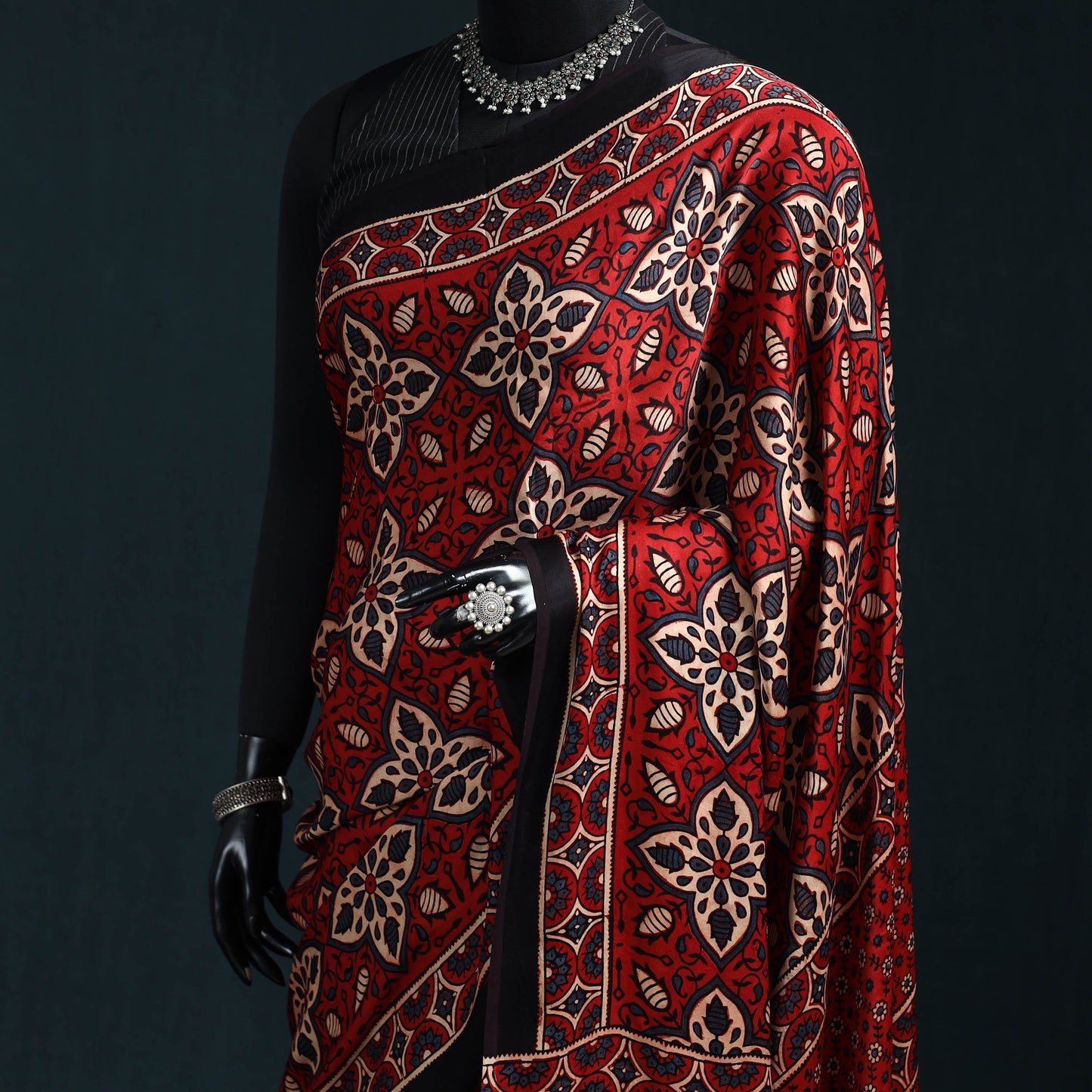 Natural dyed modal silk kutch hand block print ajrakh saree