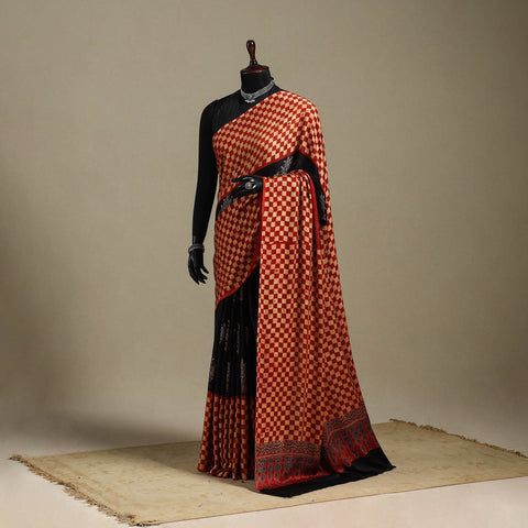 Red - natural dyed modal silk saree 10 - handcrafted