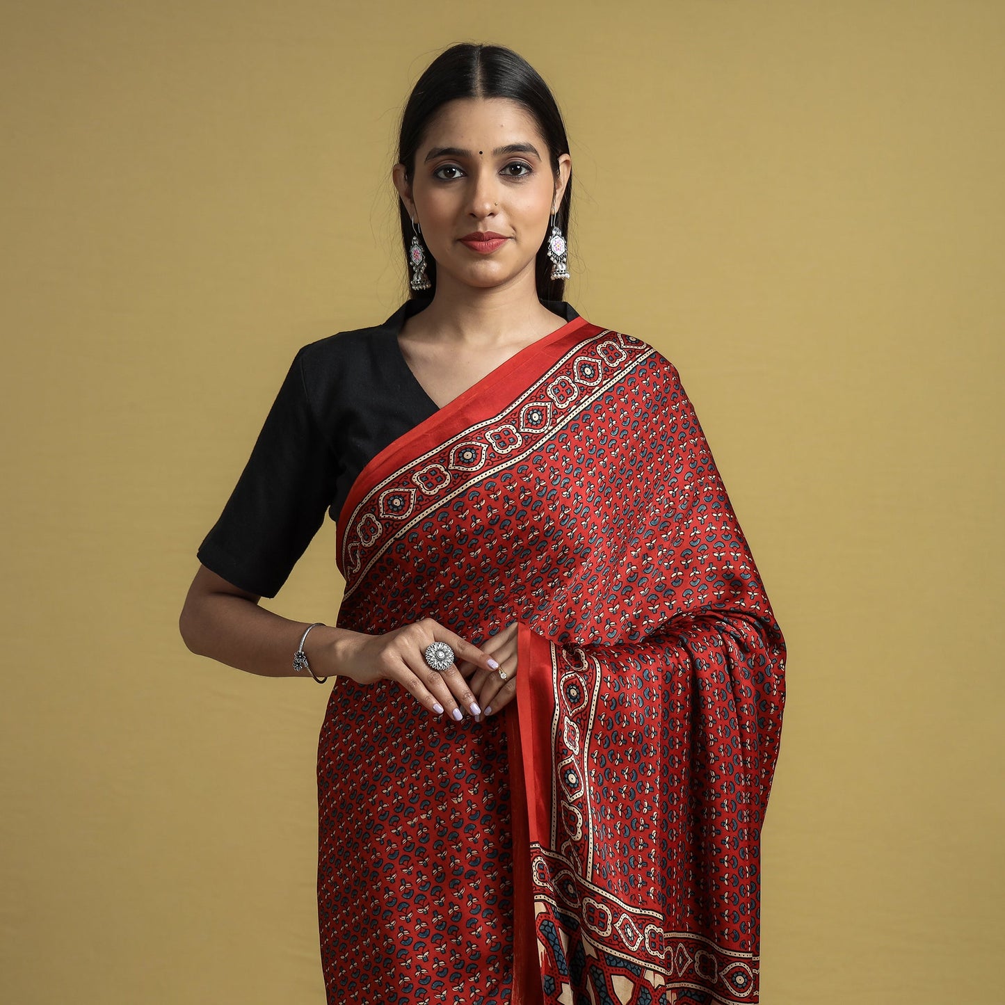  Natural Dyed Block Print Modal Silk Ajrakh Saree