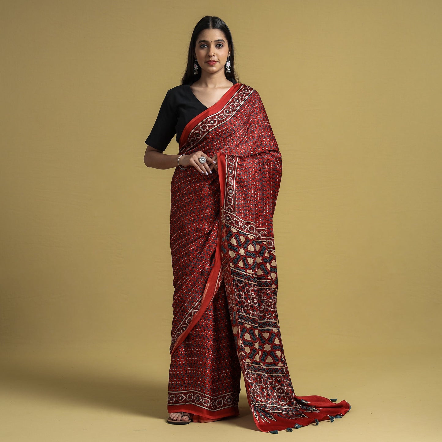  Natural Dyed Block Print Modal Silk Ajrakh Saree