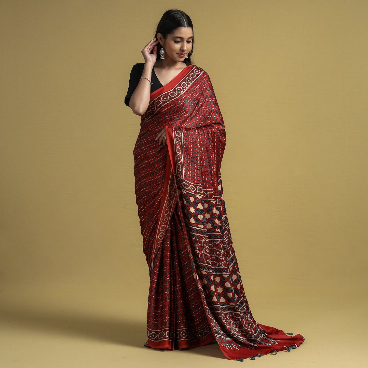  Natural Dyed Block Print Modal Silk Ajrakh Saree