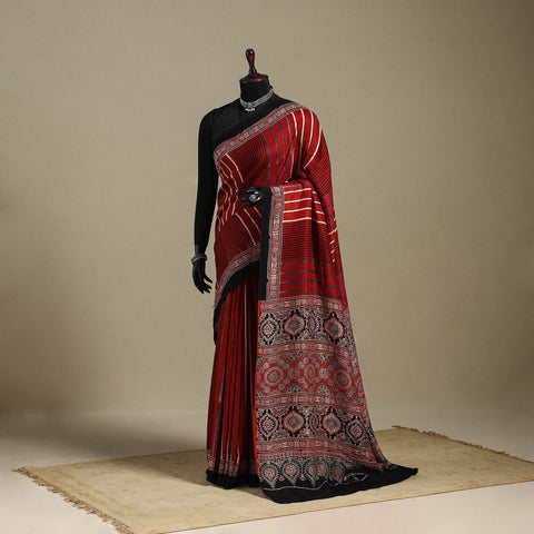 Red - natural dyed organza silk saree 20 - handcrafted