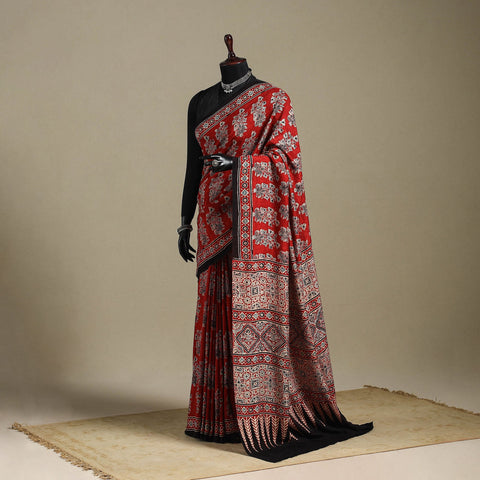 Red - natural dyed silk saree 08 - handcrafted